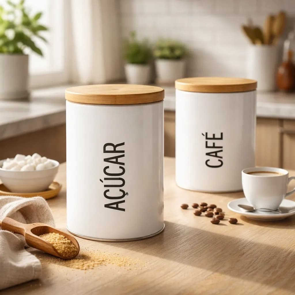 Kit 2 Latas Metal Para Mantimentos Café e Açúcar Potes Organizadores com Tampa