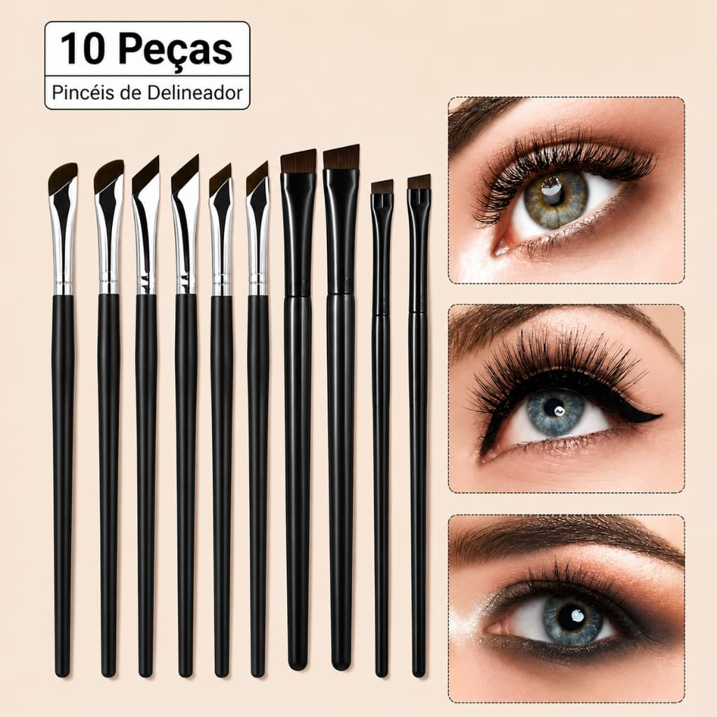 Kit 10 Pincéis de Maquiagem para Olhos Delineador Sombra Sobrancelha Chanfrado Pincel para Contorno e Precisão Maquiagem
