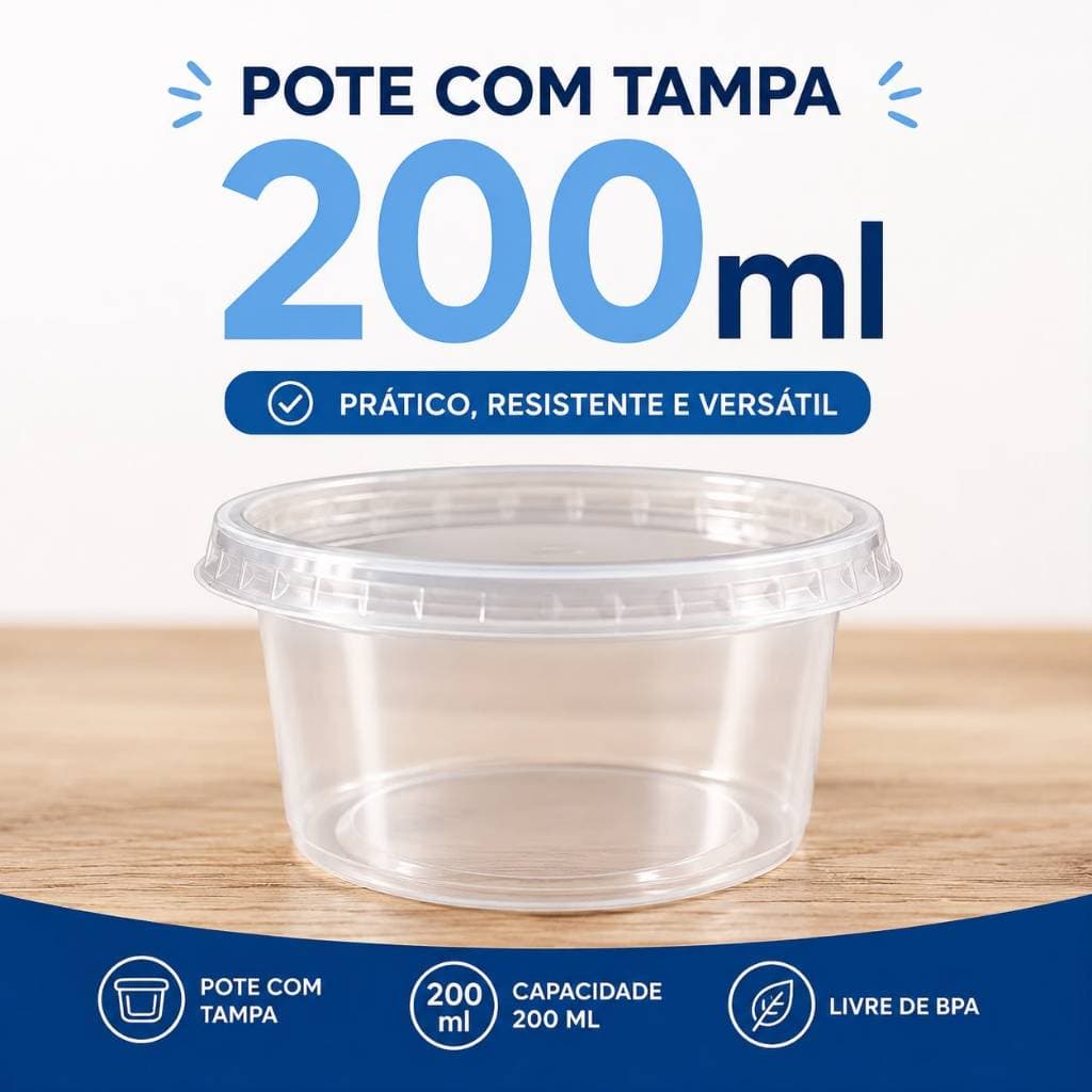 Pote Plástico 25 50 100 unidades 200ml Kit Pote Com Tampa Freezer Bolo BPA Free
