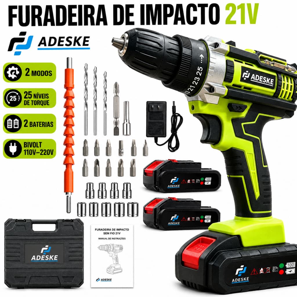 ADESKE Furadeira de Impacto Sem Fio 21V 25 Níveis Torque, furar madeira metal alvenaria, kit disponível com 2 baterias