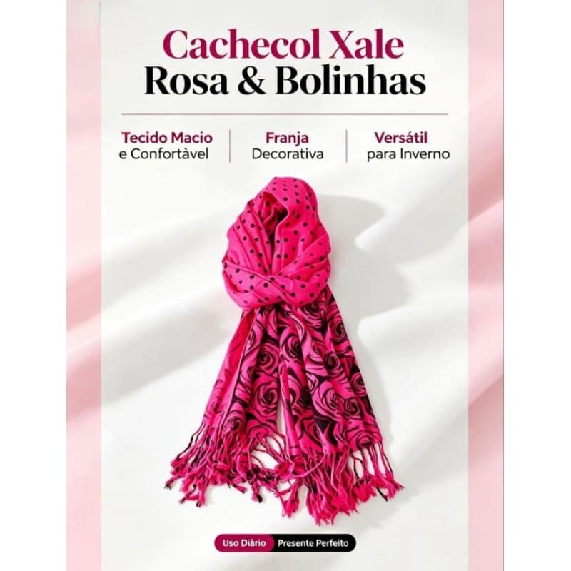 cachecol feminino, xale feminino, cachecol de inverno, cachecol com franjas, estampa rosa, cachecol macio