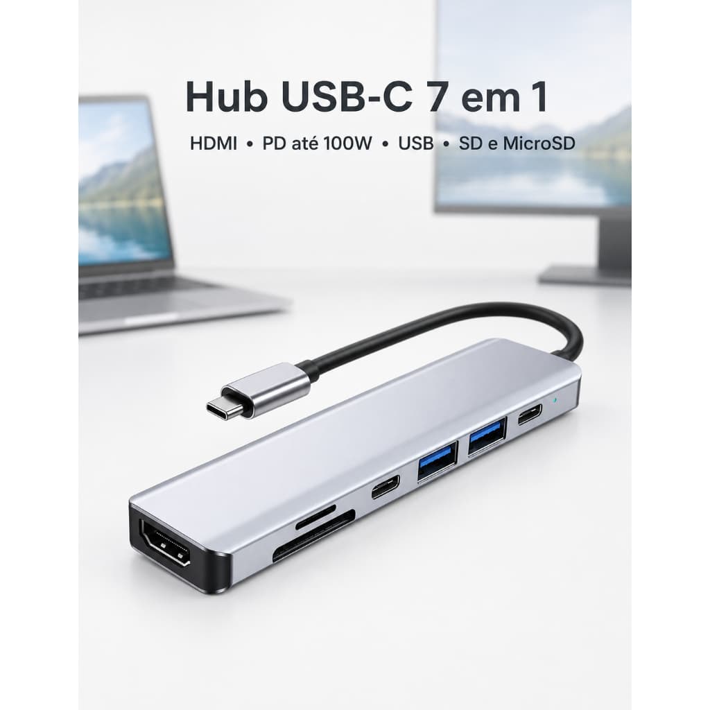 Adaptador Hub Usb-c 7 Em 1 Usb E Hdmi 4k Compatível Macbook MICRO SD Windows Linux MacOS