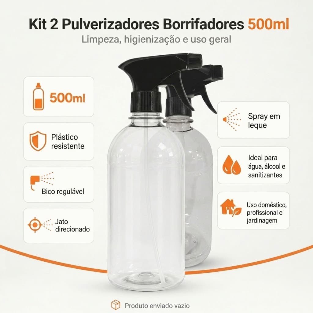 Kit 2 Pulverizador Borrifador 500ml Plastico Resistente Agua Alcool Sanitizante Limpeza Jato E Leque Sem Produto
