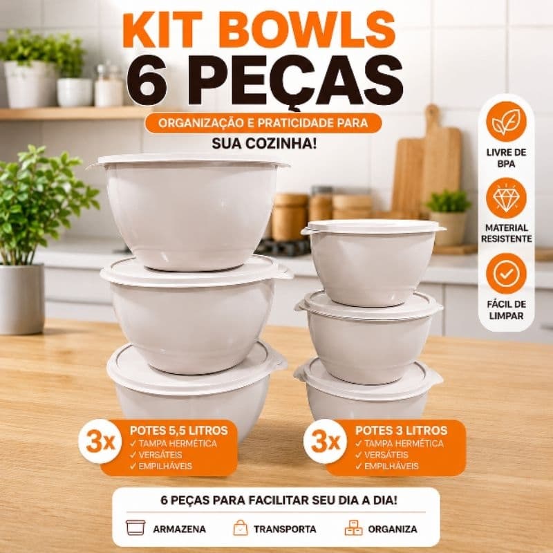 Kit Bowls 6 Peças com Tampa Hermética – 3 Potes 5,5L + 3 Potes 3L | Empilháveis | potes bowls bacia emetrico