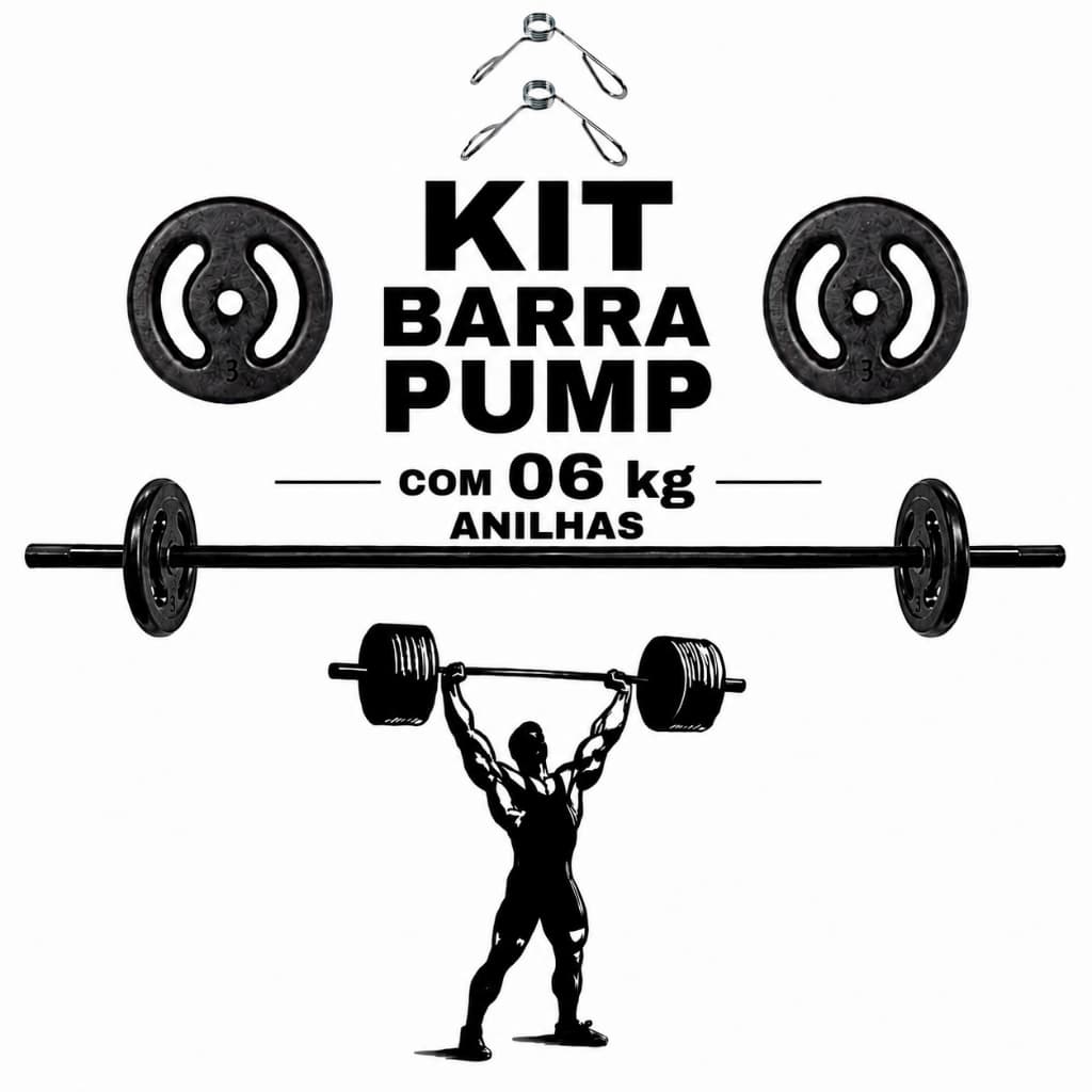 Kit Musculação Pump - Barra + 06Kg De Anilhas Pintadas +Presilhas TREINO