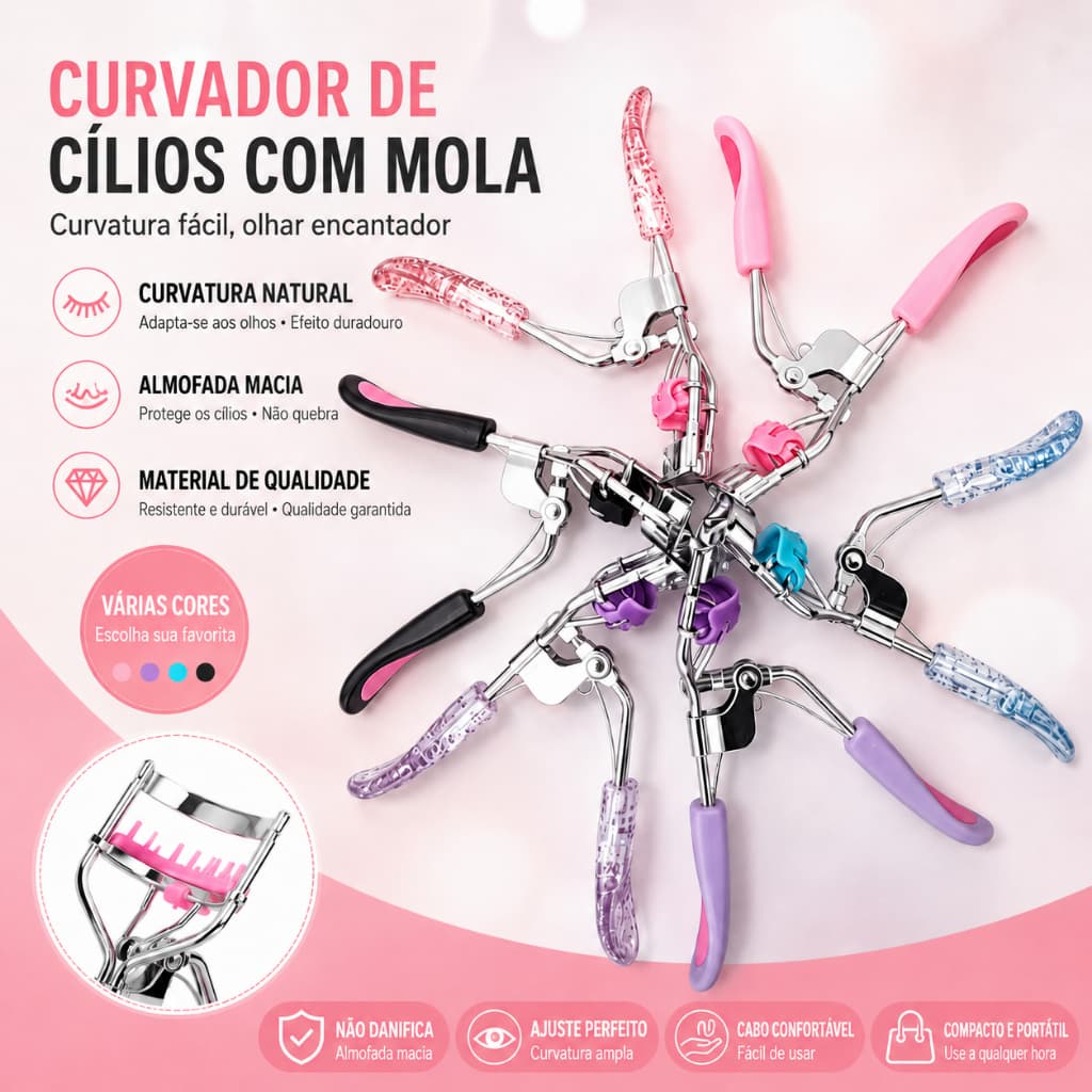 Modelador de cílios portátil com cabo curvo em aço inoxidável que não danifica os cílios.