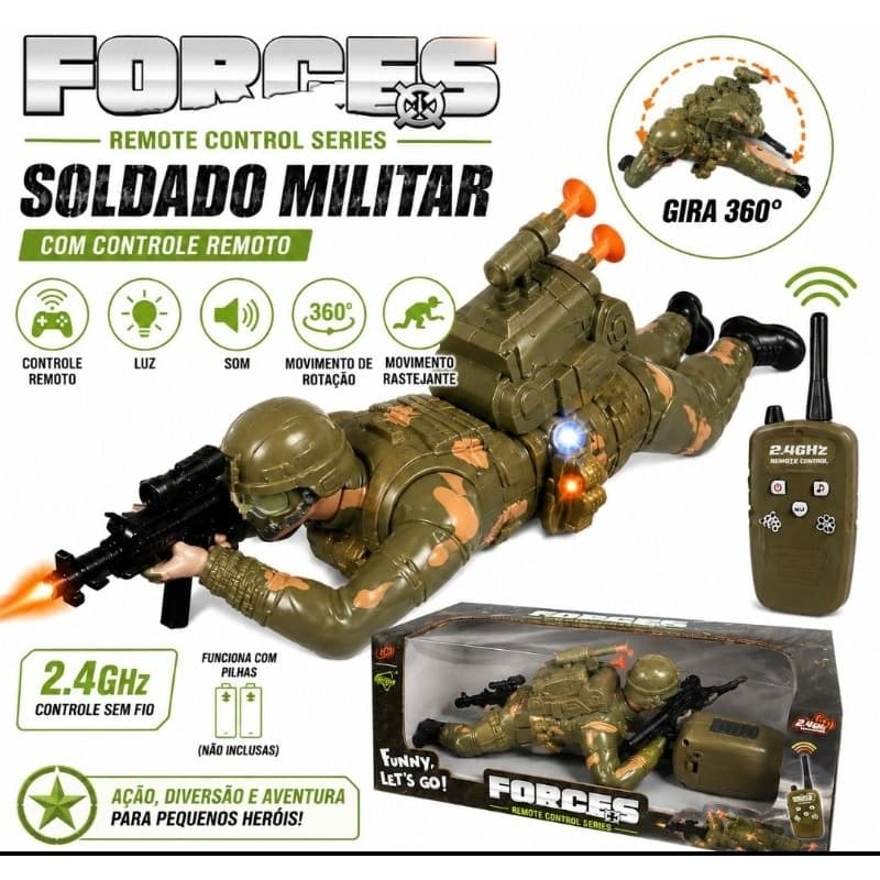 Soldado Militar Controle Remoto 2.4GHz Brinquedo Rastejante 360° Luz e Som Infantil