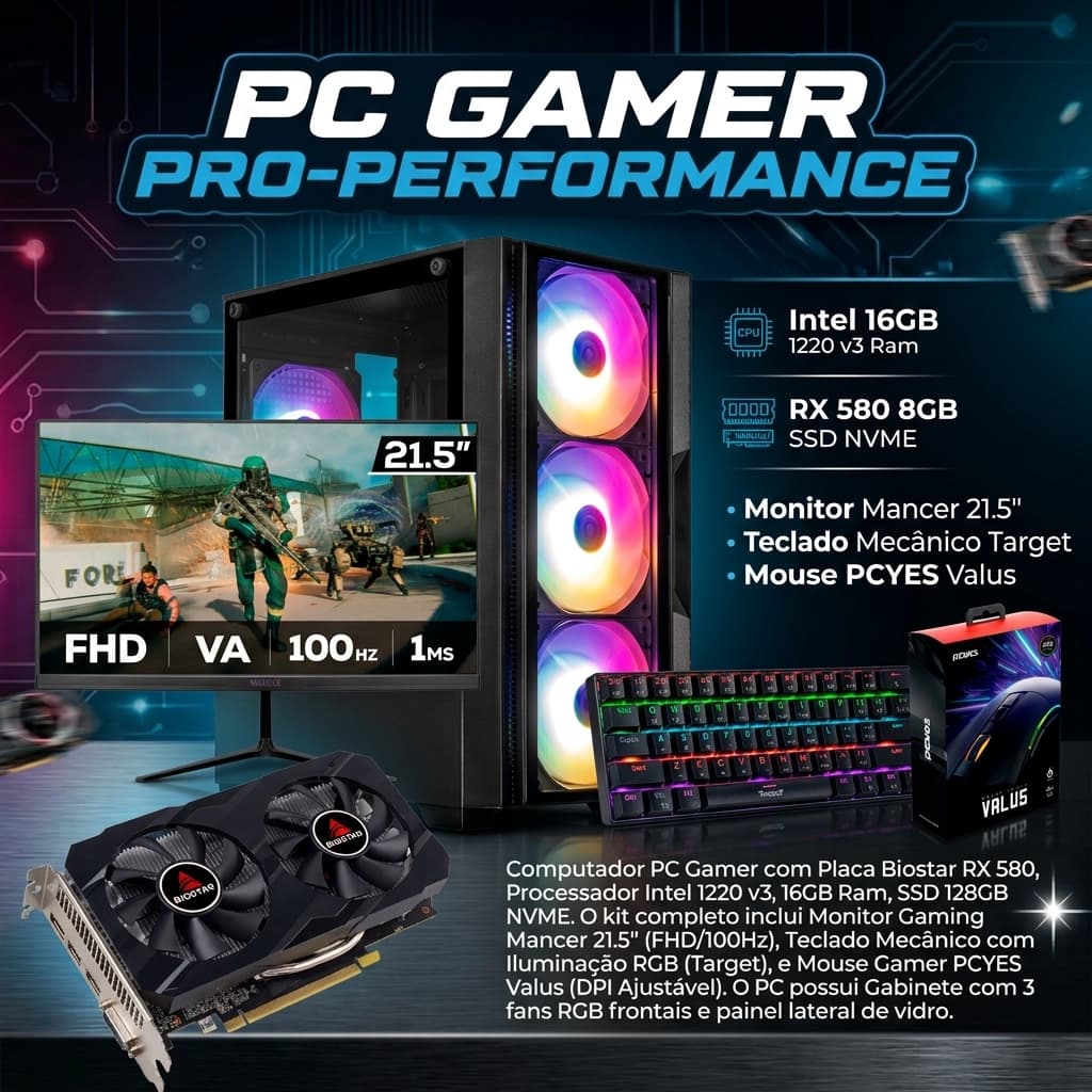 PC Computador Gamer Teclado e Mouse RGB Intel Core 16gb Ram SSD 128GB RX 580 8GB Monitor 21,5"