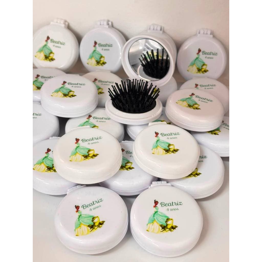 Escova com Espelho Portátil Personalizado com o Tema que Desejar (Kit com 10 Unidades)