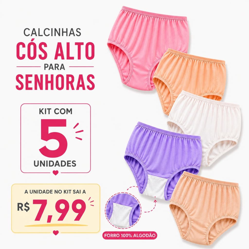Kit 05 Calcinha Calçola Para Senhoras com FORRO em algodão Algodão