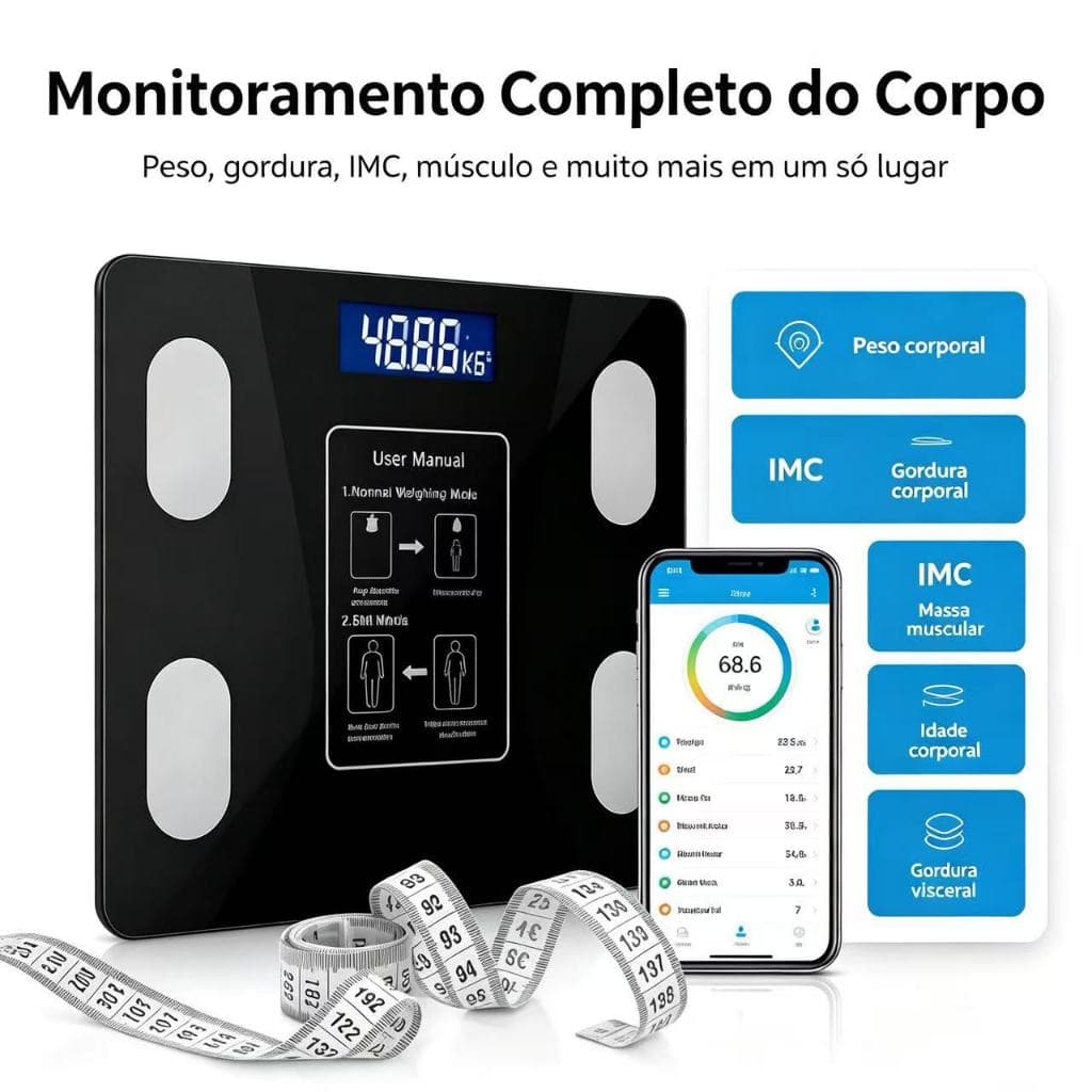 Balança Digital Inteligente com App, Medidor de Gordura e Massa Muscular para Uso Doméstico