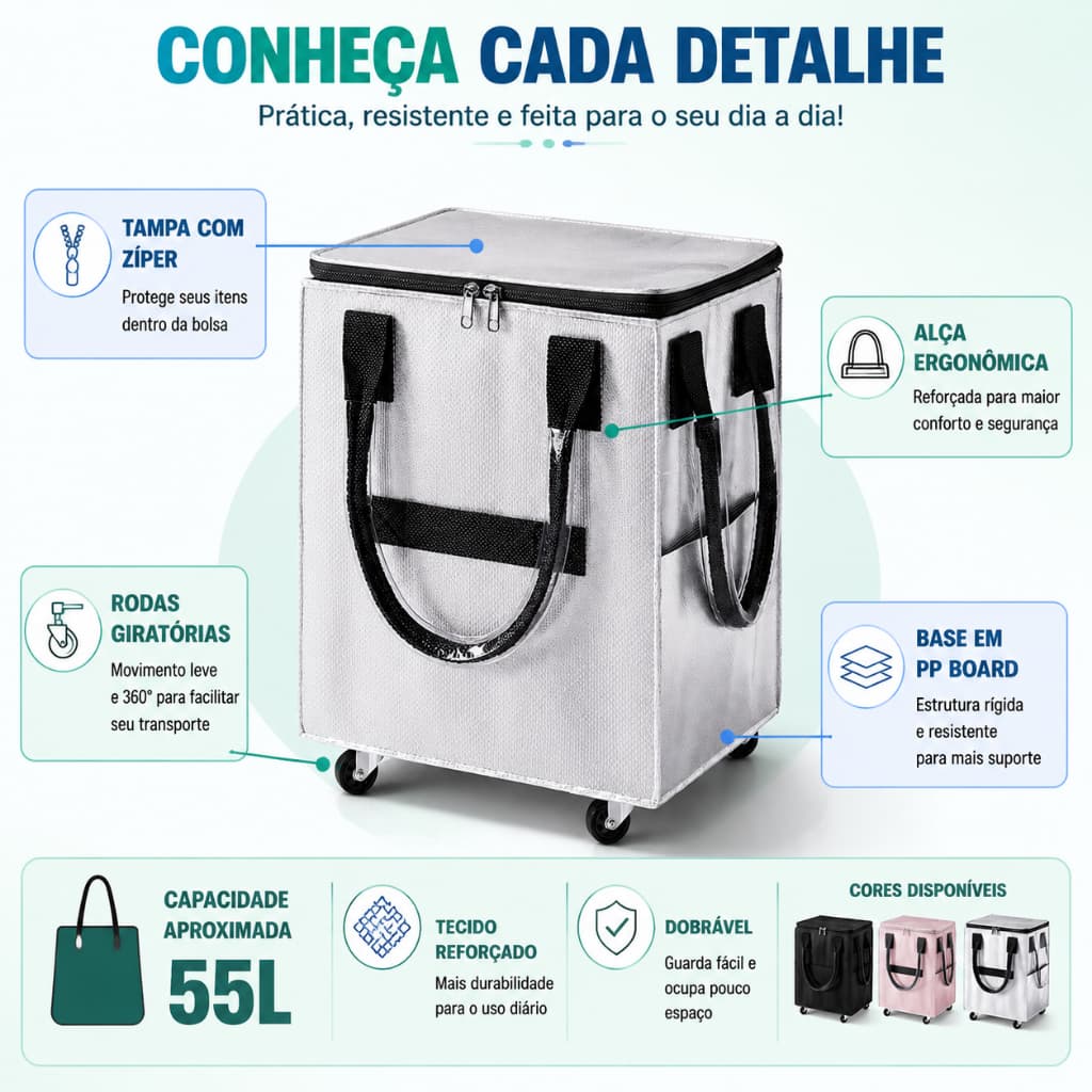 Sacola de Compras Dobrável 55L com Rodinhas Carrinho de Feira Multiuso para Mercado Viagem e Lavanderia