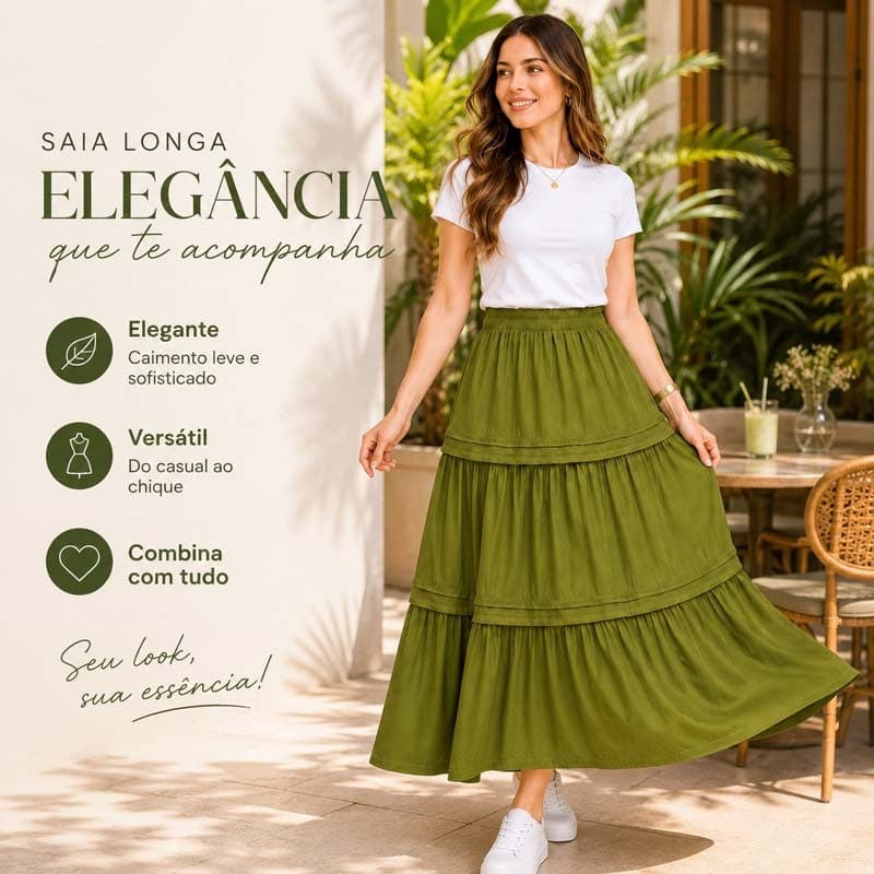 Saia feminina estilosa, longa e fluida, com cintura elástica — ideal para praia, férias, viagens e uso no dia a dia.