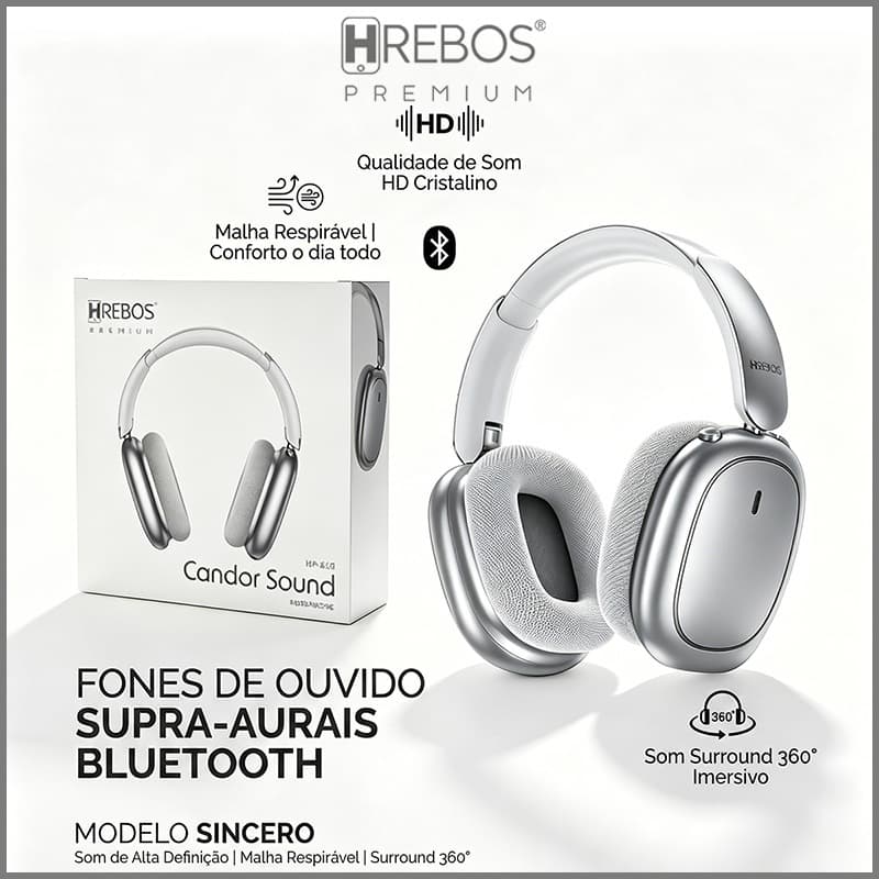 HREBOS Fones de ouvido Bluetooth over-ear, carregamento via USB-C, Bluetooth 6.0 + EDR, fones de ouvido Bluetooth
