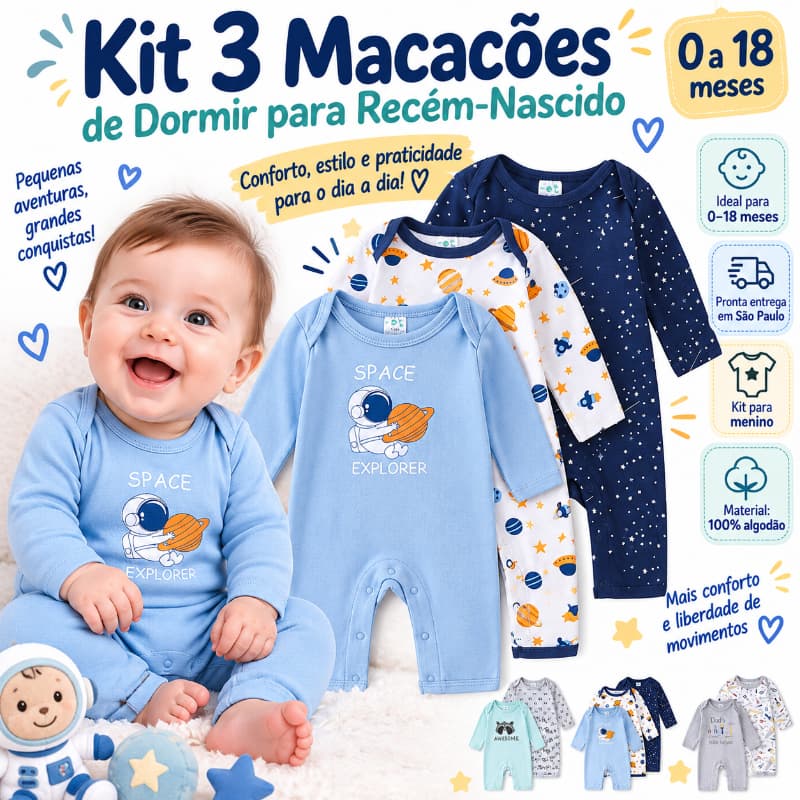 Kit 3 Macacão Pijama Bebê Astronauta Espaço Azul Payifang 100% Algodão Macio 0 a 18 Meses Manga Longa Sem Pé Conjunto Ro