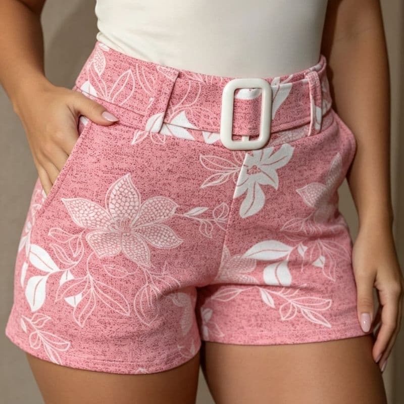 Short Feminino Estampado Cintura Alta Malha Crepe Cinto – Shorts Simples Confortável e Estiloso Moda Verão P M G GG