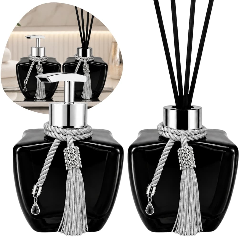 Kit Banheiro Vidros Estrela Preto Brilhante Difusor Saboneteira Luxo