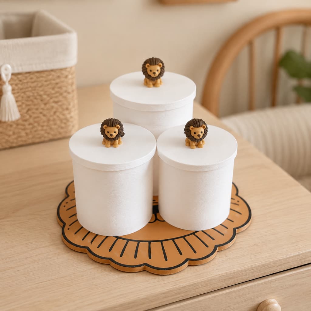 Kit Higiene Bebê Safári Leãozinho Trio Potes Organizadores Bandeja Rosto Leão Quarto Menino Enxoval Luxo Amigurumi 3D