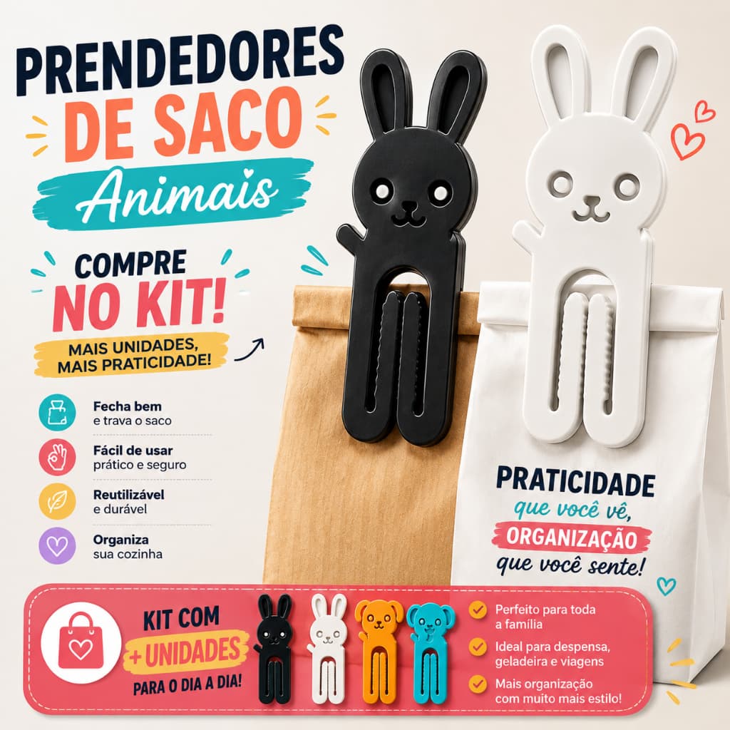 Clip Fecha Saco Kit 5 10 20 30 Prendedores de Animais para Embalagens e Organização de Cozinha