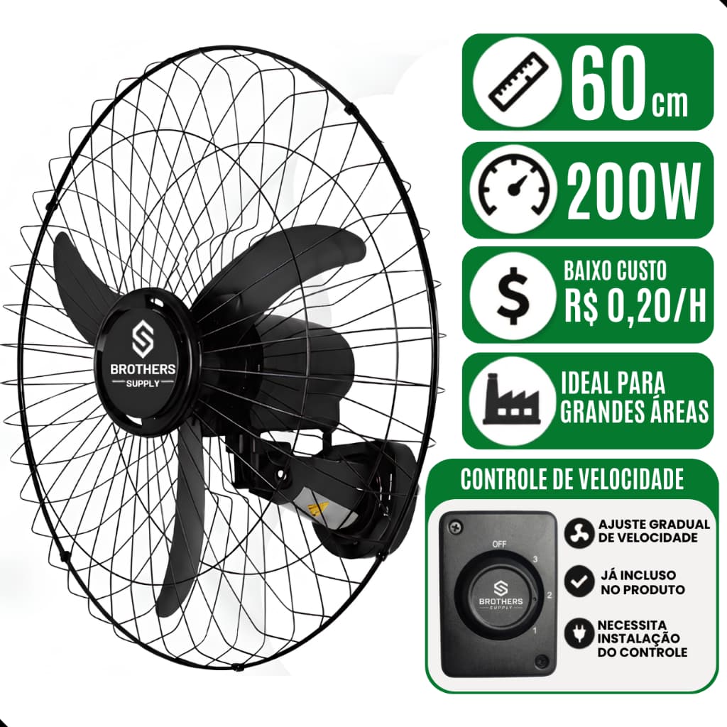 Ventilador de Parede 60cm Oscilante Bivolt Preto 200W Industrial Silencioso 3 Velocidades Loja Galpão