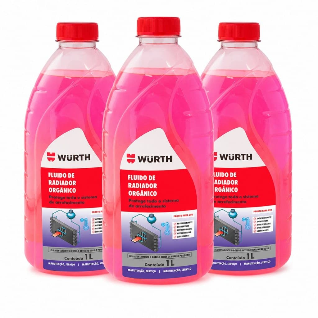 Kit 3 Fluido Aditivo Para Radiador Orgânico Rosa Wurth 1L Pronto Uso Sistema de Arrefecimento 3 Litros