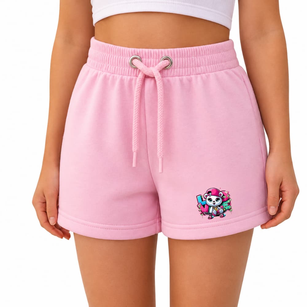 Bermuda Shorts Moletom Infantil Feminino Para Meninas Confortável Estampa Urso Boné Skate Love Streetwear