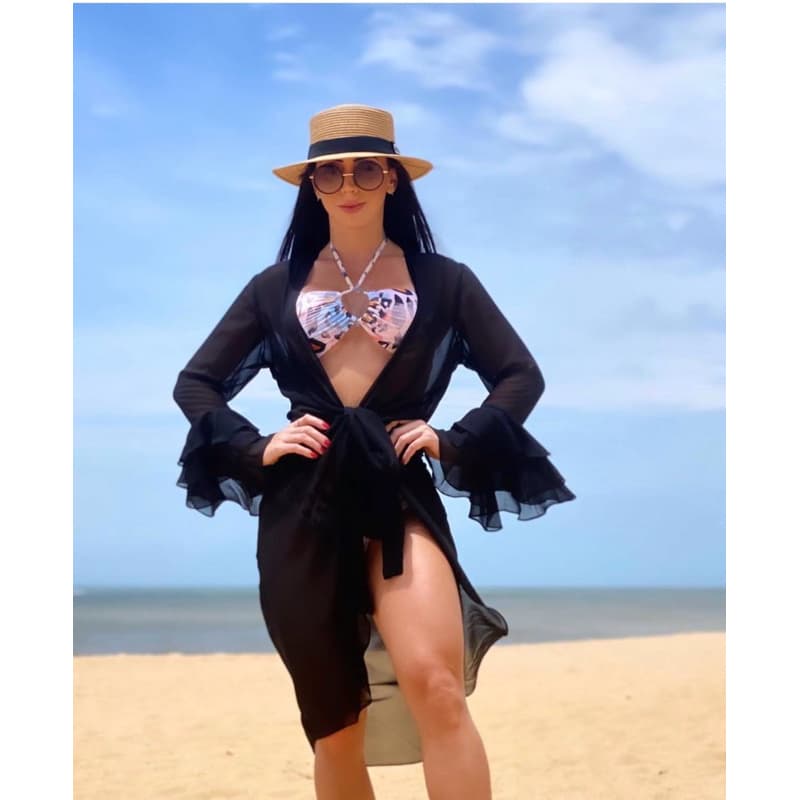 Saída de Praia Feminina Preta Longa Tule Transparente Manga Flare Amarração Verão