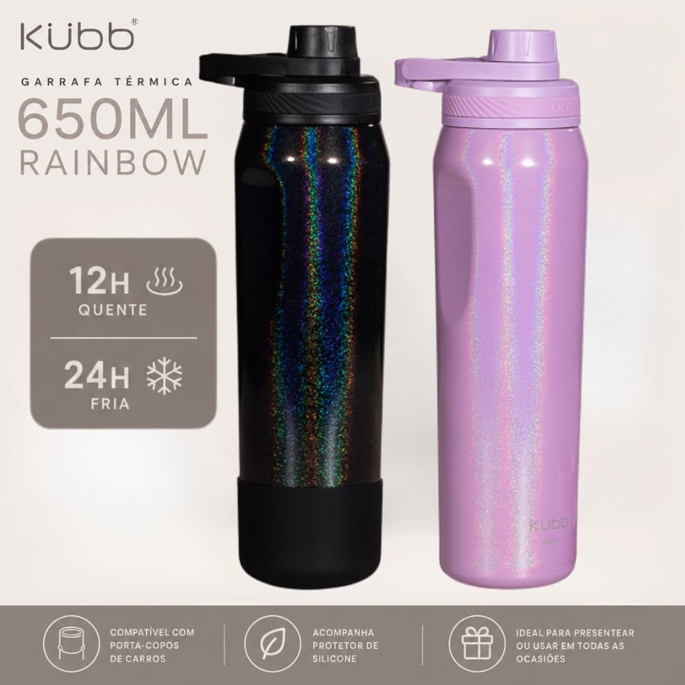 Garrafa Térmica Kubb 650ml Inox Cor Perolado Premium Gelado 24h Quente 12h Parede Dupla Com Capa Protetor Personalizada