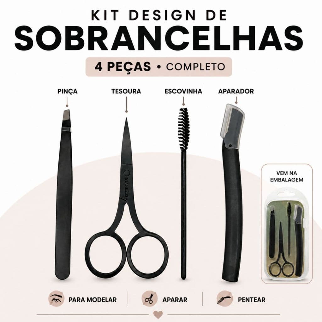 KIT DESIGN DE SOBRANCELHAS 4 PEÇAS PINÇA TESOURA ESCOVINHA APARADOR/NAVALHA SOMBRANCELHAS DIY PRO