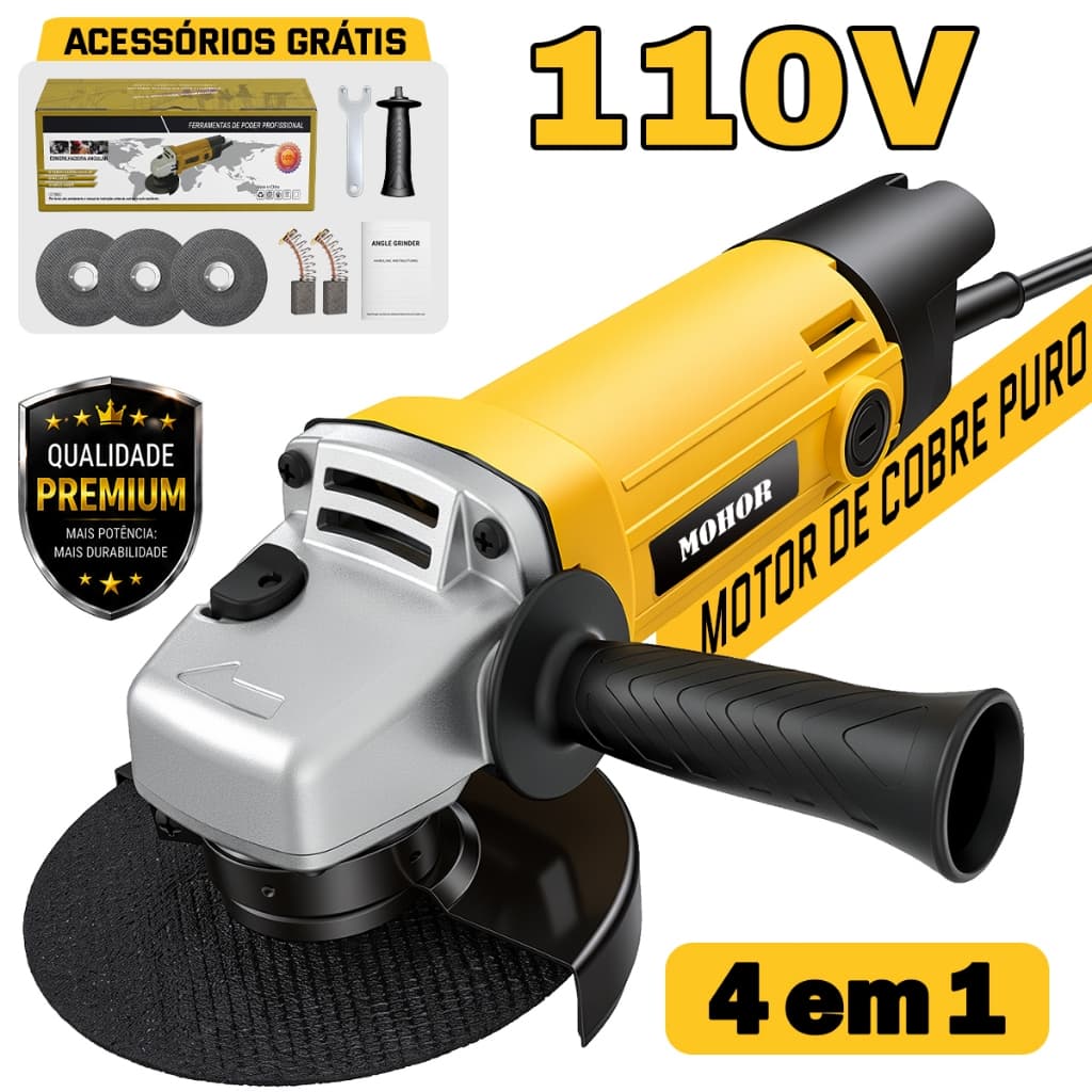 Esmerilhadeira Angular 1100W 110V 125mm 11000RPM Profissional com 3 Discos de Corte para Metal, Desbaste e Polim