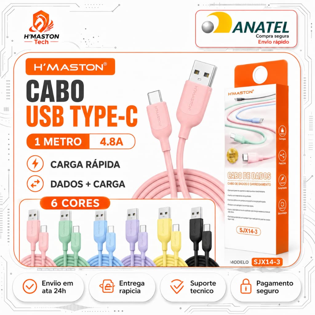 H'MASTON SJX14-3 Cabo Usb Tipo c Cabo Tipo c Cabo Carregador Tipo c Cabo Carregador Iphone Cabo Tipo c Turbo