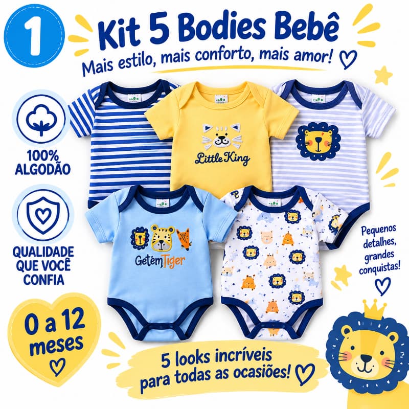 Kit 5 Body Bebê Menino Manga Curta Algodão Body Infantil Recém-Nascido 0 a 12 Meses