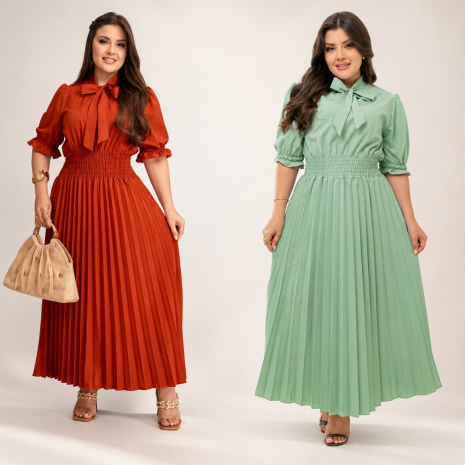 Vestido Feminino Midi Plissado de Gola Gravata Elegante