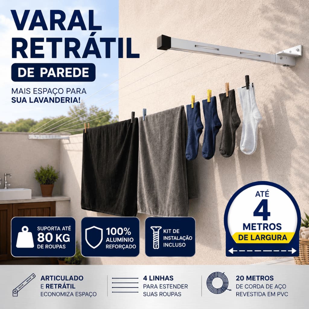 Varal Retrátil Parede Alumínio 80kg Até 4 Metros Varal Mágico Recolhível Para Roupas Lavanderia