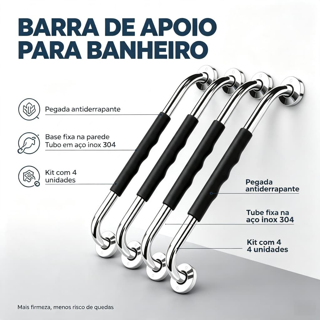 Kit 4 Barras de Apoio Aço Inox 304 Antiderrapante Segurança Parede Idosos Deficientes Banheiro Box