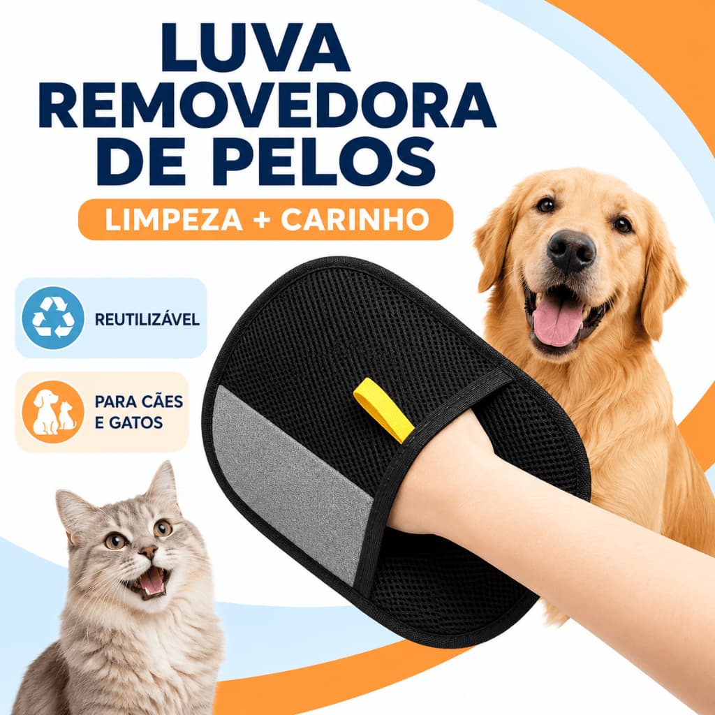 Luva Removedora de Pelos para Cães e Gatos Tira Pelo Pet de Sofá Roupas e Estofados Reutilizável