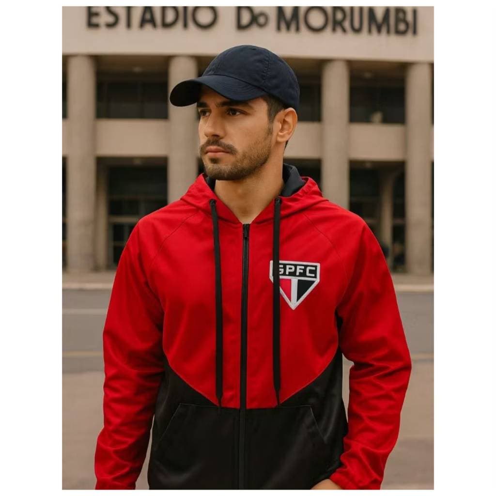 Jaqueta São Paulo Tricolor Corta Vento com Capuz Zíper Bolsos Blusa Torcedor