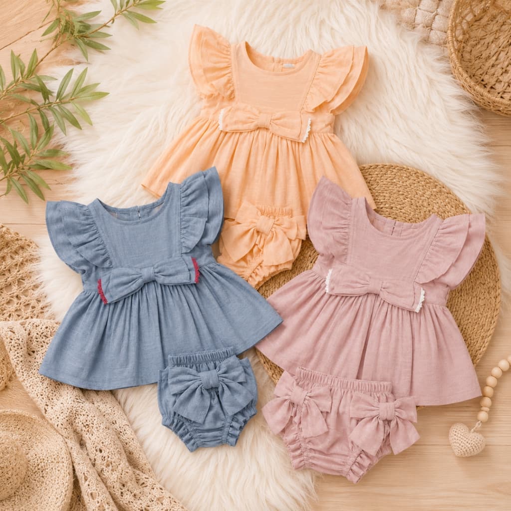 Conjunto vestido com calcinha premium para meninas, conjunto charmoso para bebes conjuntinho feminino 0 a 9 meses