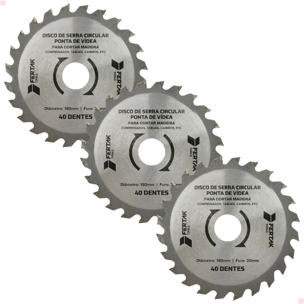 Kit de 3 Discos de Serra Circular 180 x 20 mm Com 40 Dentes Fertak