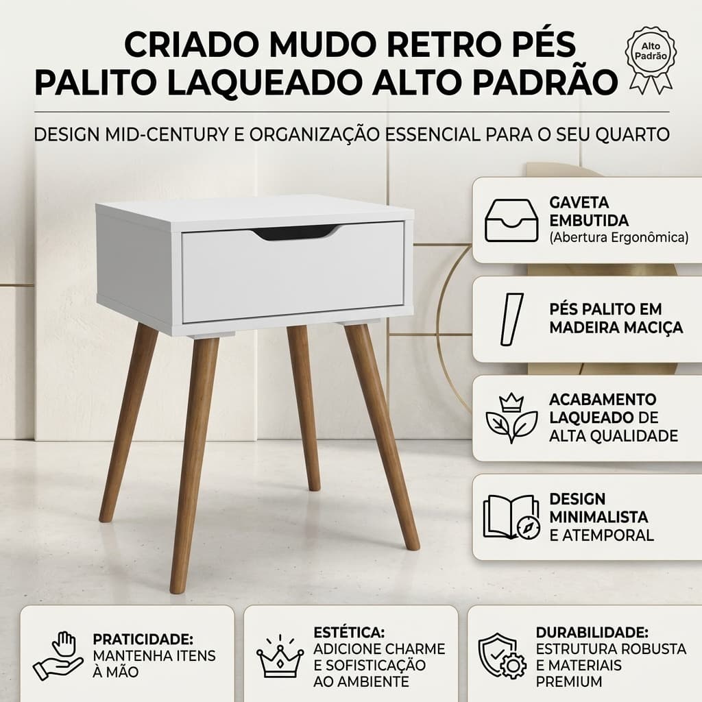 Criado Mudo Retro Pés Palito Laqueado Alto Padrão Madeira Maciça