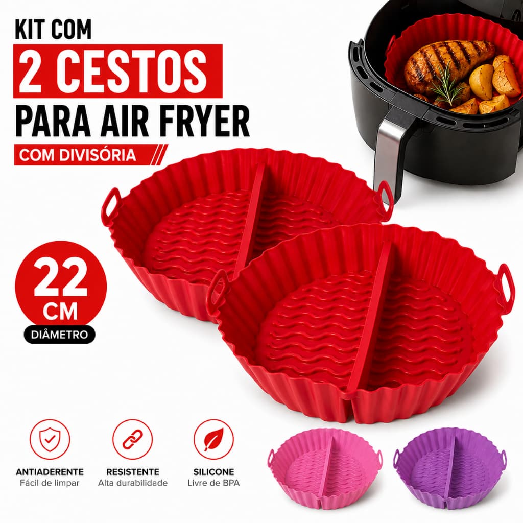 Kit 2 Forma Silicone Air Fryer Divisória 22cm Cesto Fritadeira Elétrica Antiaderente Reutilizável