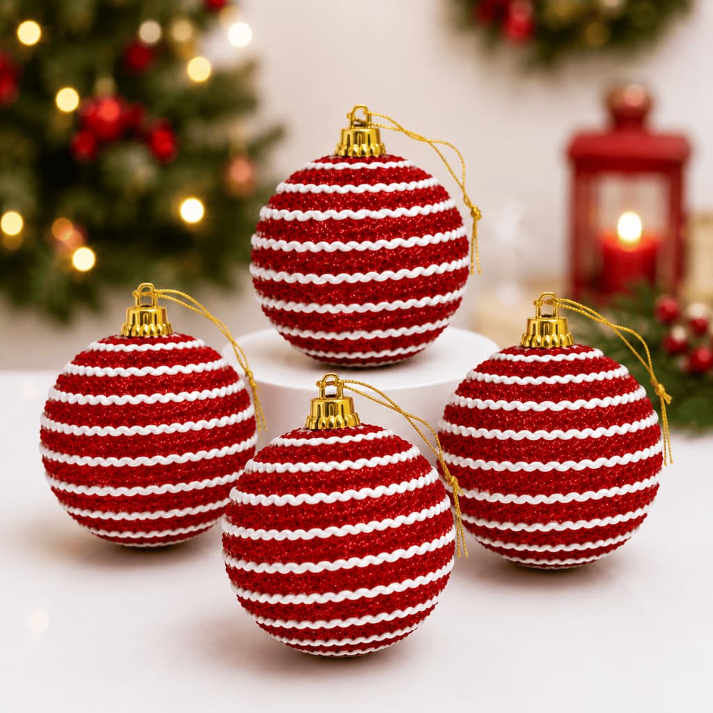Kit 4 Bolas De Natal 8cm Com Glitter Vermelha P/ Árvore