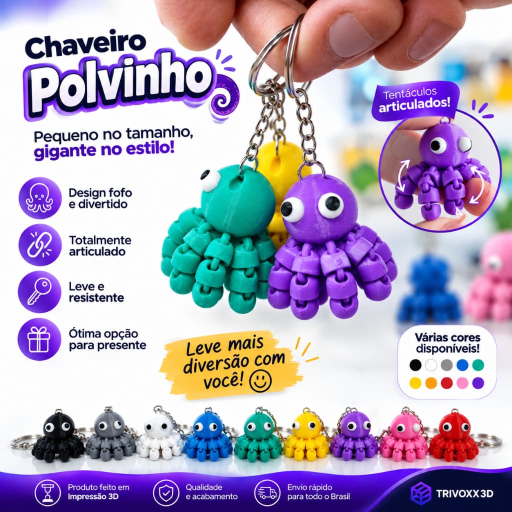 Chaveiro Polvo Articulado 3D – Fofo, Colorido e Divertido