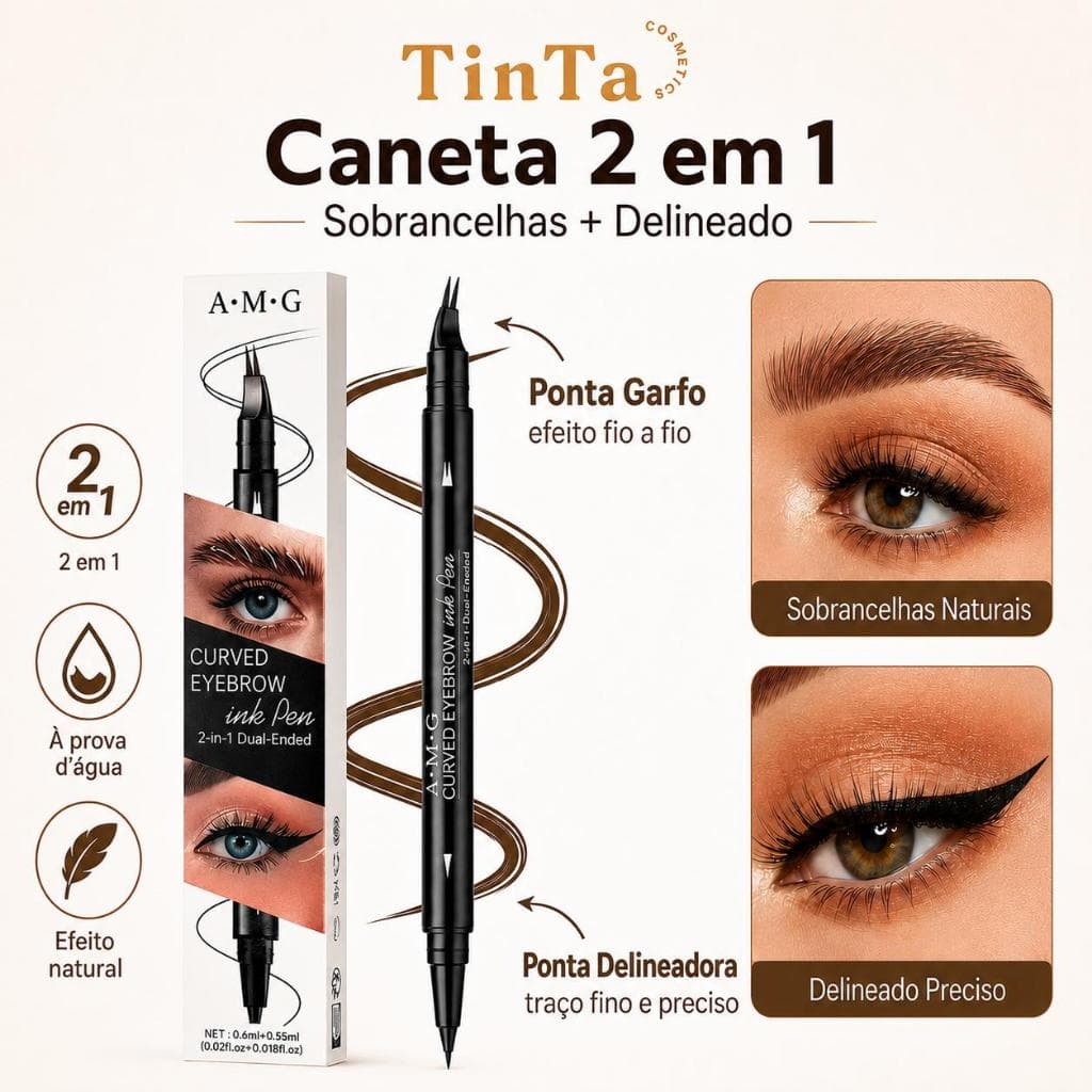 Caneta Lápis de Sobrancelha 2 em 1 Dupla Ponta Fio a Fio Microblading + Delineador Líquido Preto Ponta Fina
