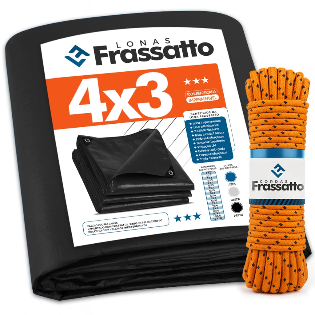 Lona Impermeavel 4x3 ou 3x4 Preta Reforçada Multiuso Piscina Proteção Uv Com Ilhós Frassatto + Corda