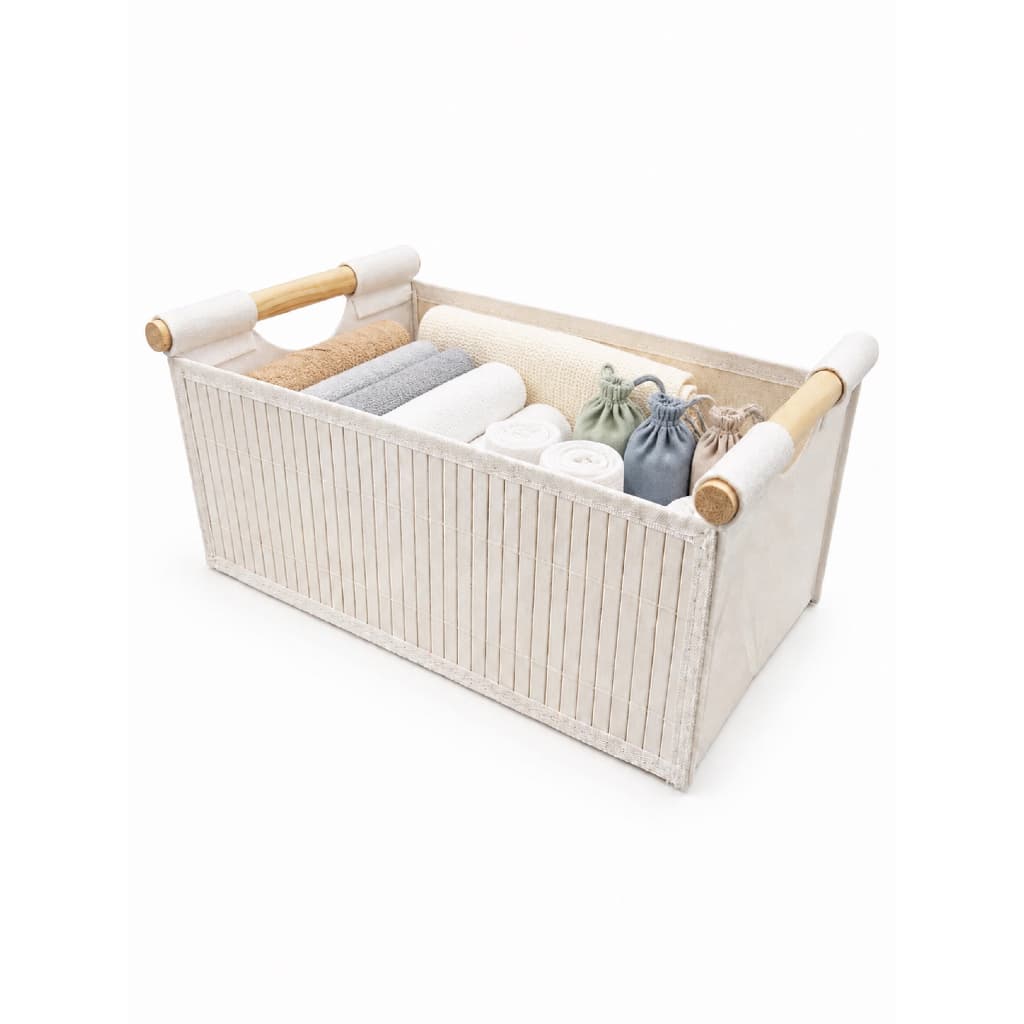 Cesto Organizador Multiuso Dobrável Bambu e Feltro com Alça de Madeira 10L 33x23x1