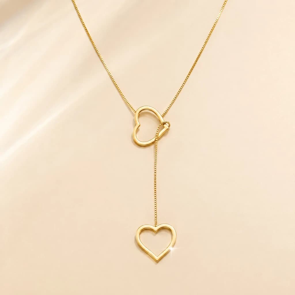 Colar Feminino Liga Folheado Prata Dois Pingentes Coração Oco Corrente Caixinha Minimalista Delicado