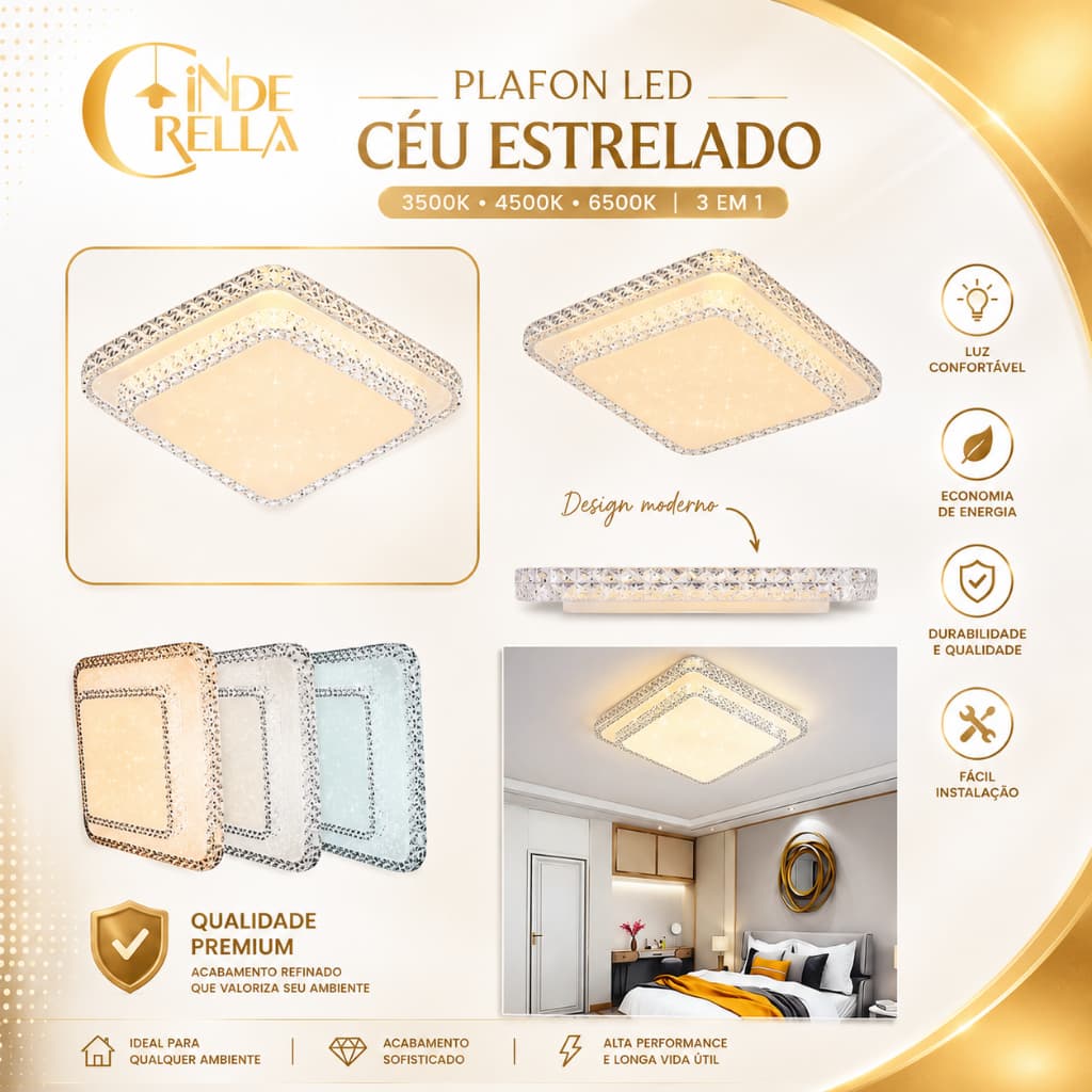 Luminária Teto Plafon Ceu Céu Estrelado 3500K 4500K 6500K 3 EM 1 Estrela Plafon Quarto Cinderella