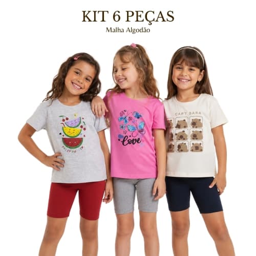 Kit 6 peças Conj. Camiseta Estampada Meia Malha + Bermuda Ciclista Infantil Cheios de Estilo Meninas