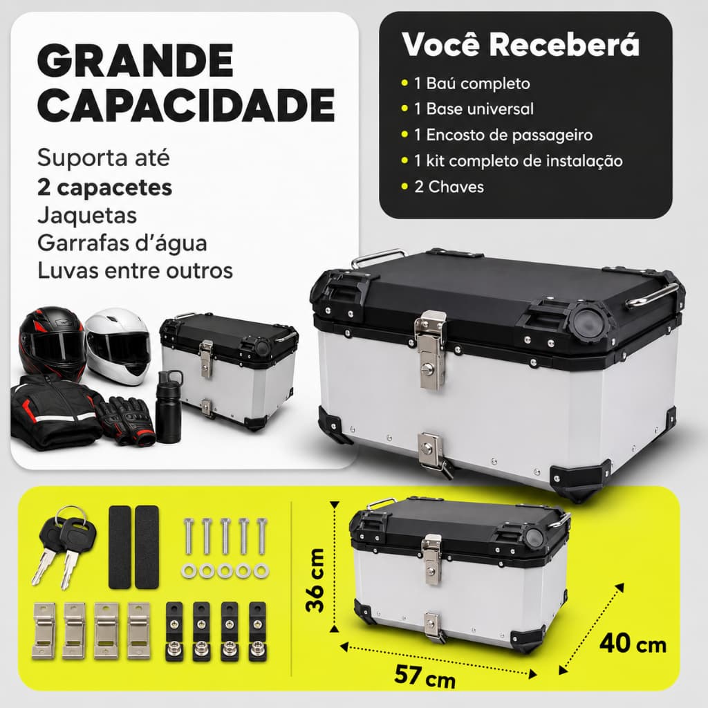BAU 65  DE ALUMINIOR PARA MOTOS UNIVERSAL  PRETO OU PRATA  65 LITROS CO M BASE